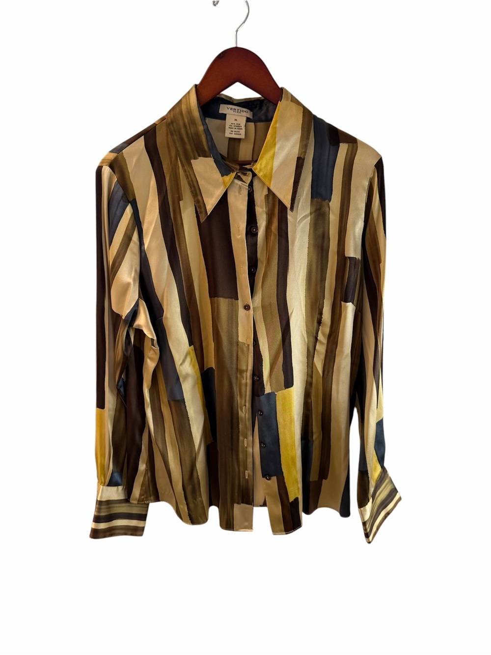 Vertigo Paris Vertical Striped Button-Down Blouse in Brown, Yellow and Black